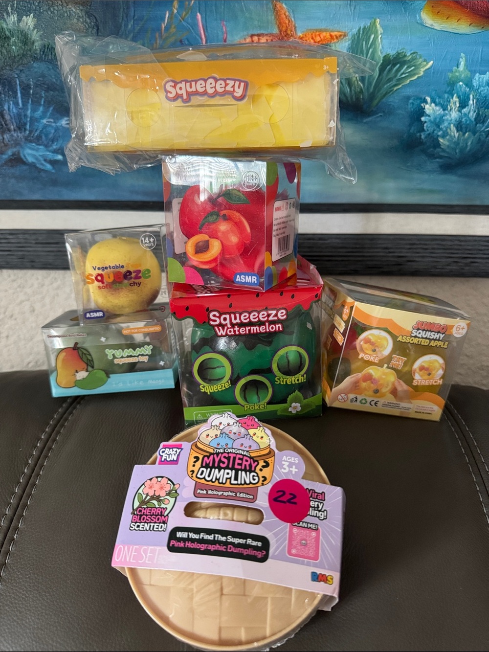 Watermelon & Assorted Squishy Stress Toys - fruits, Vegetables, 🧈& RMS dumpling🥟